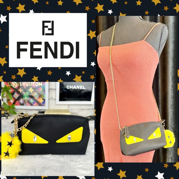 Fendi Handbags - FENDI Crossbody Monster black & yellow canvas nylon pouch bag puffer Ball